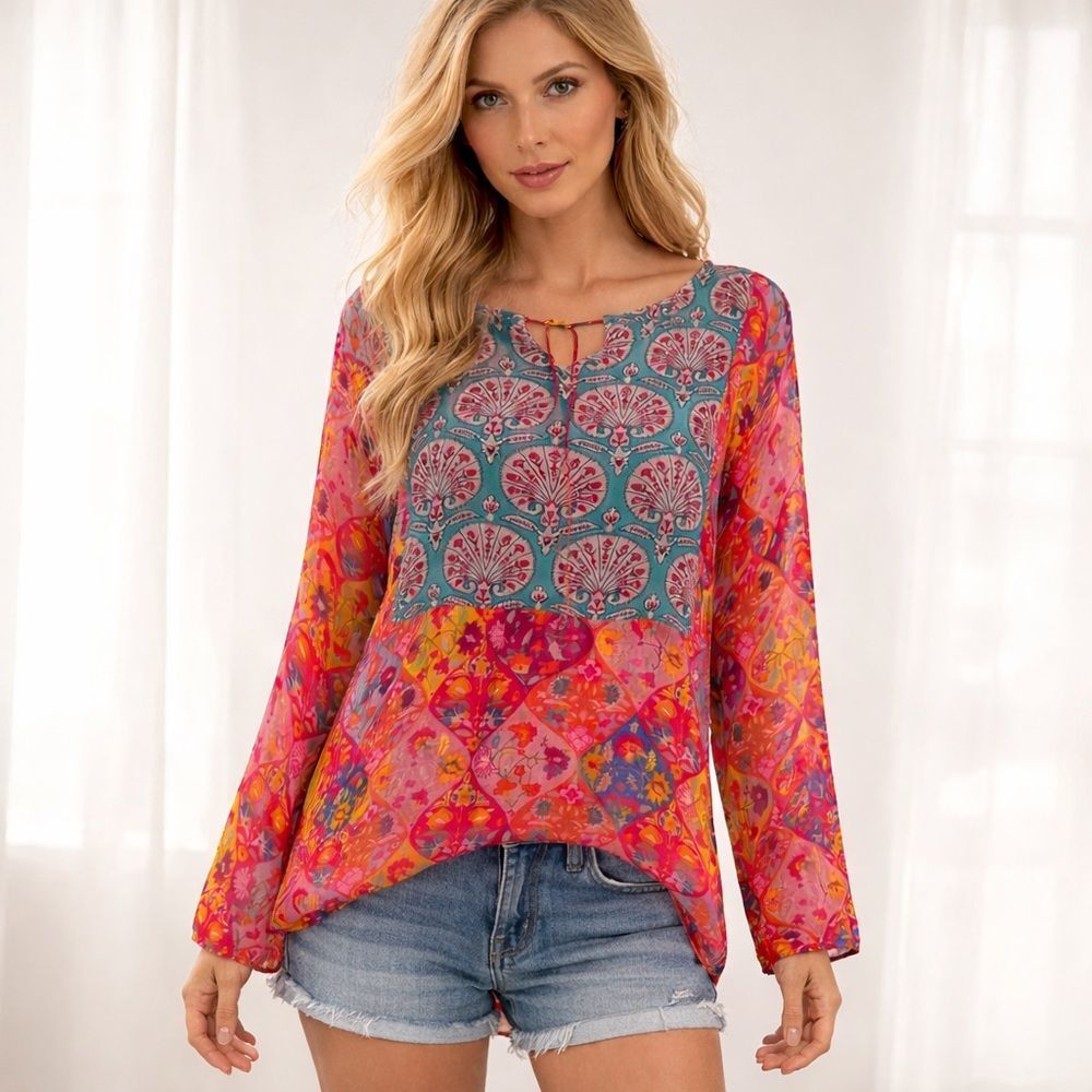 Benares Women’s Boho Chic Vibrant Pink & Blue Women's Tunic Top Size Medium